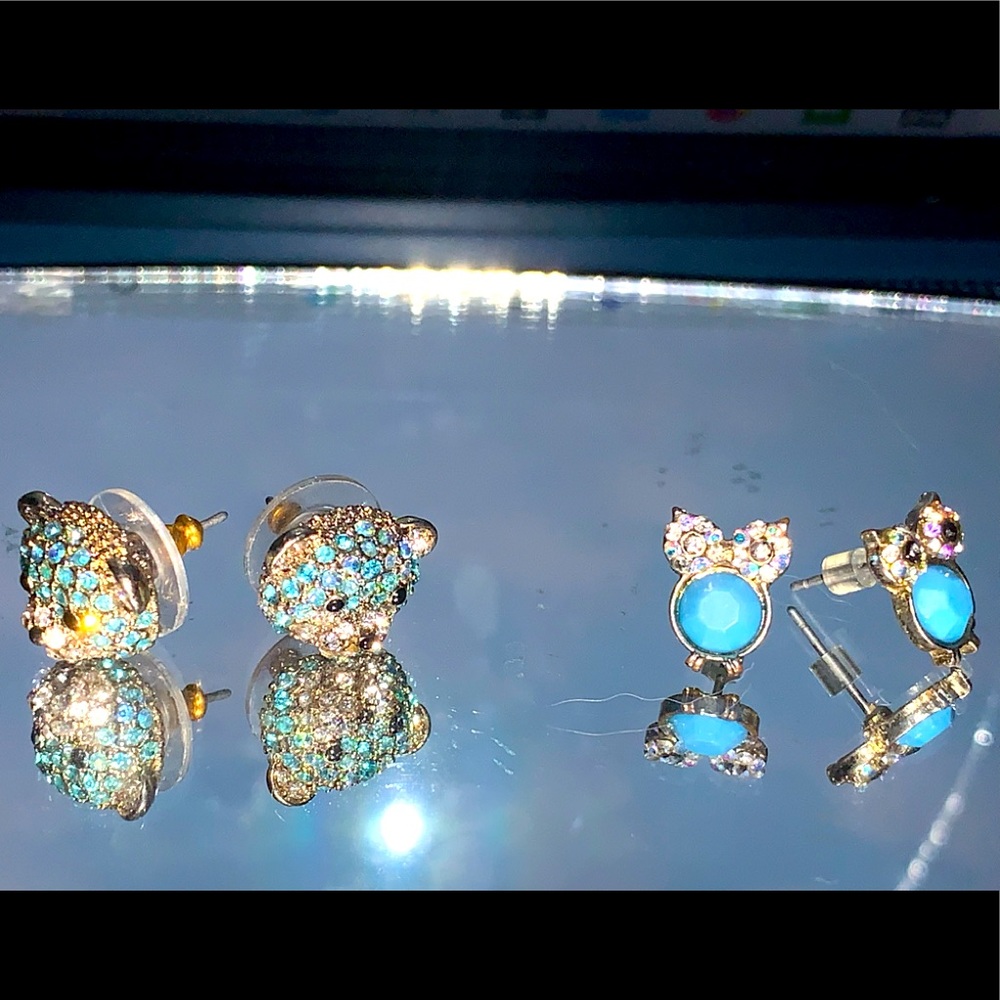 Blue and silver owl + bear earrings